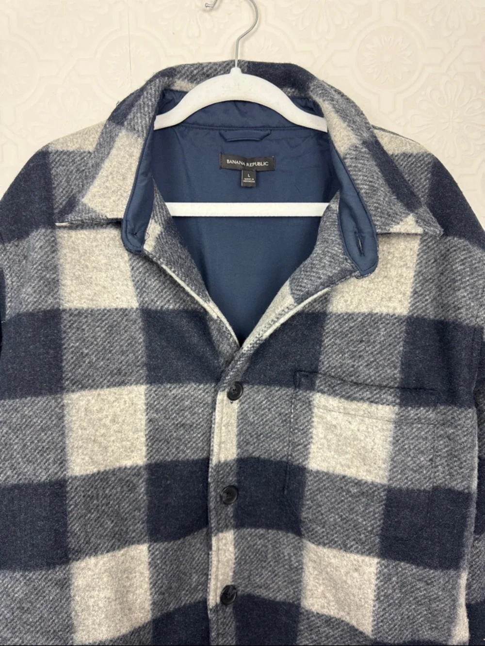 Banana Republic Plaid‎ Warm Jacket Blue Gray Buffalo Check Large